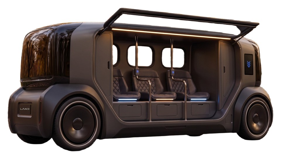 LIFELINE autonomous first-response vehicle with its glass canopy raised, showing three quilted seats