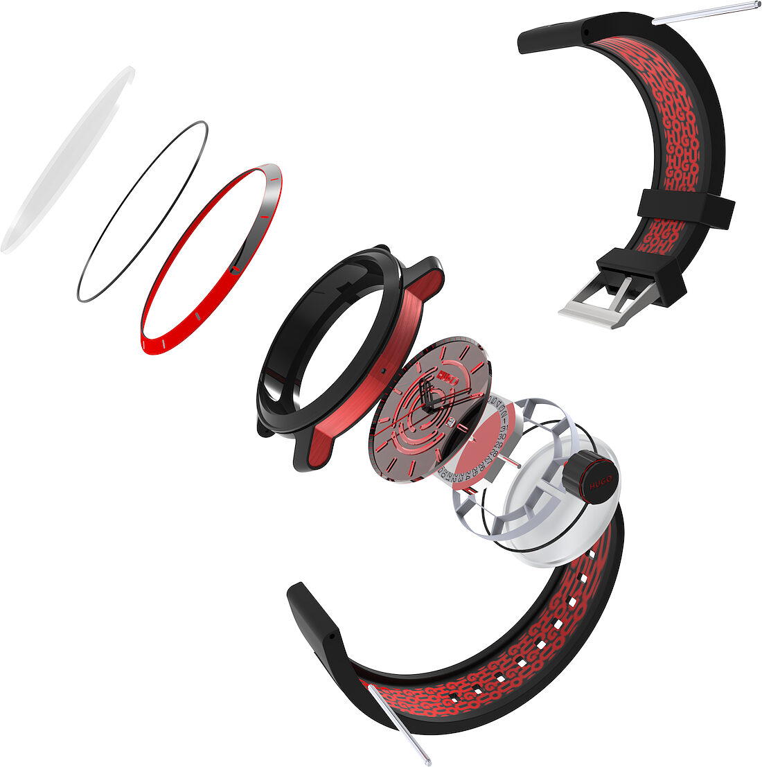 Exploded view of case, dial, movement ring, crown and strap