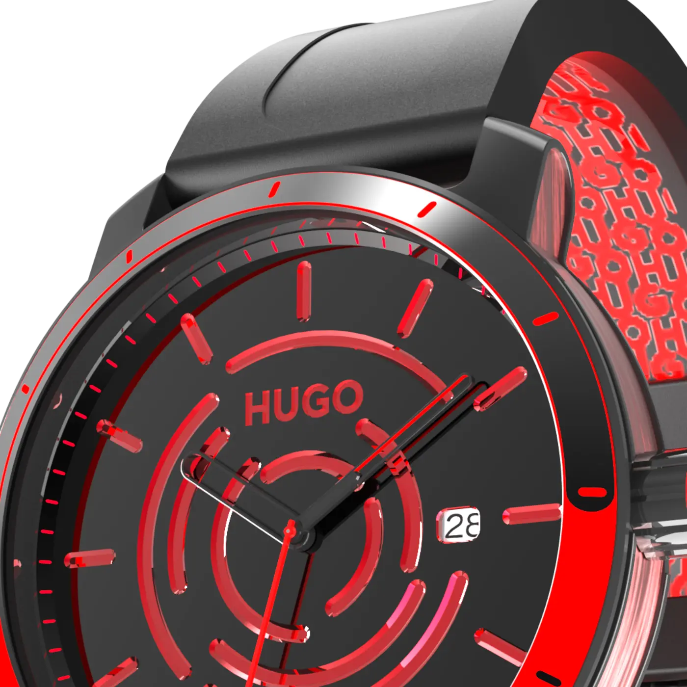 Three-quarter closeup showing the red bezel step and crown