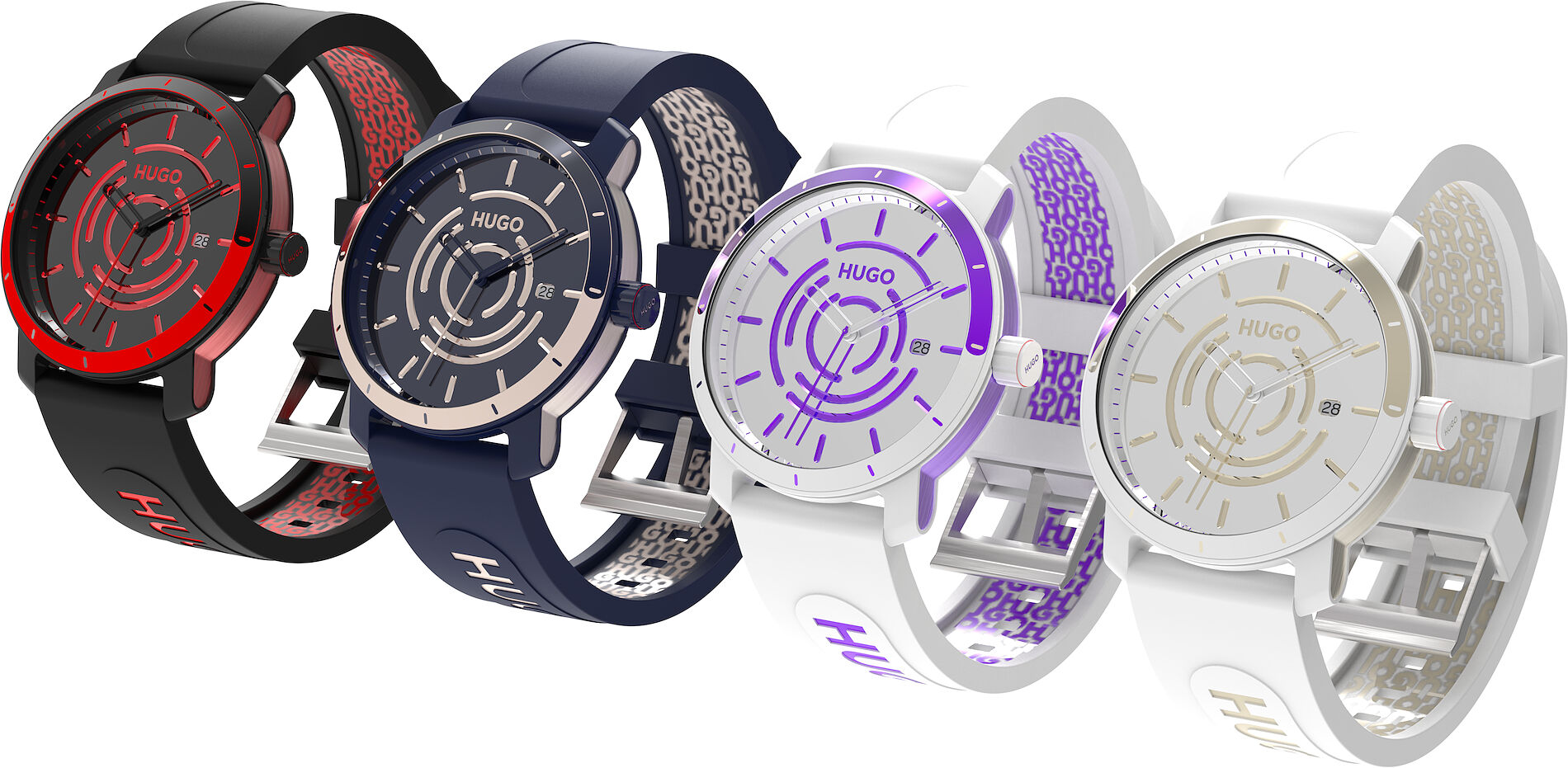 All four final colorways of the HUGO watch