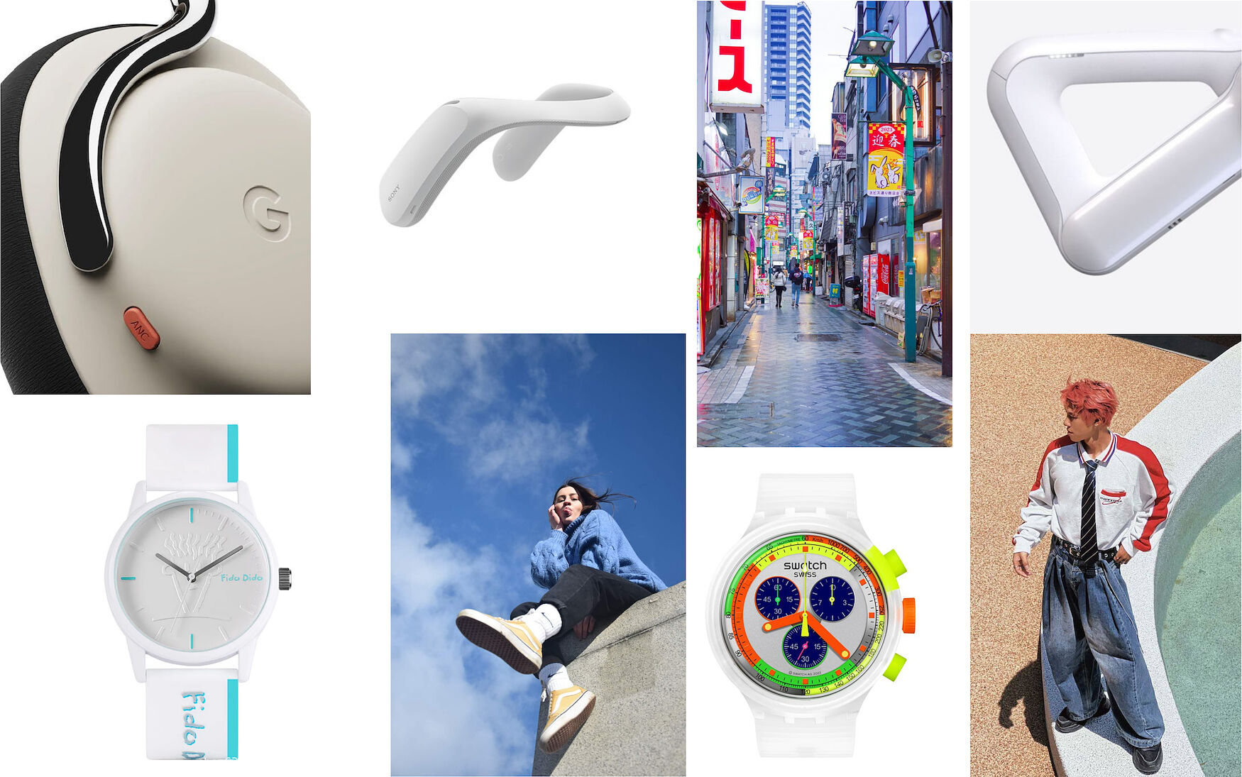 Moodboard of consumer electronics, chronographs and street style