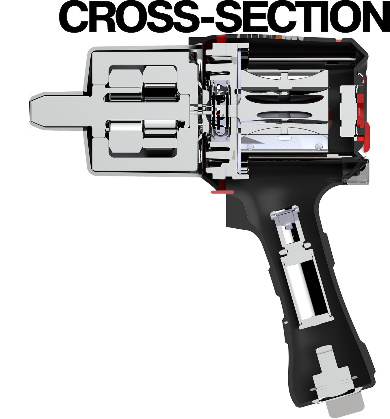 Cross-section through the tool showing the air motor and hammer mechanism